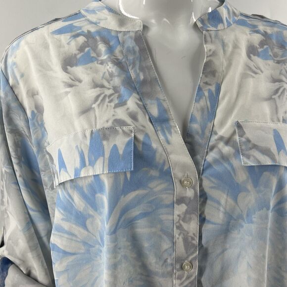 Calvin Klein Top Plus Size 1X Blue White Floral Button Up Roll Tab Sleeve Blouse - Picture 4 of 8